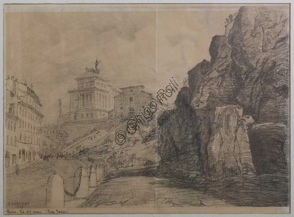 Dipinto Veduta romana di Augusto Baracchi, paesaggio di Roma, collezione Assicoop Unipol
