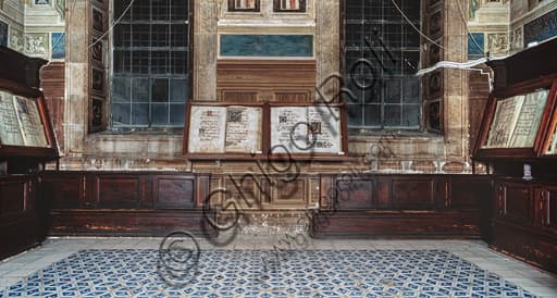 Historic wooden choir book bench by Neri Barili, Piccolomini Library, Siena Cathedral Italy