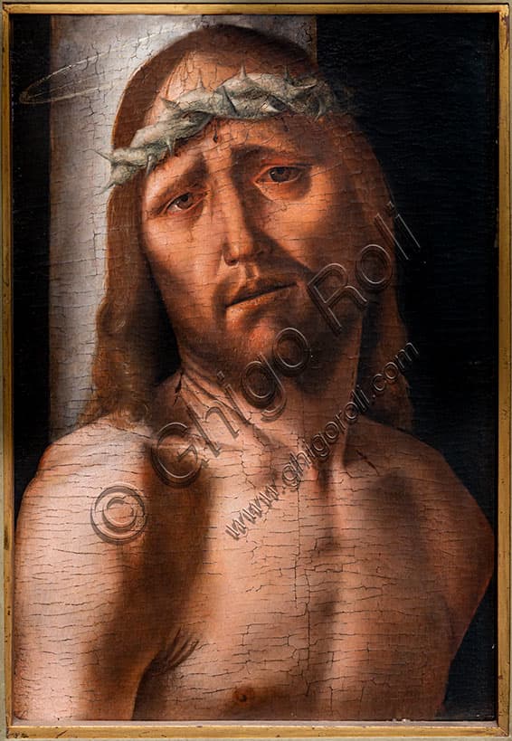 Dipinto Cristo alla colonna di Bartolomeo Montagna, olio su tavola rinascimentale