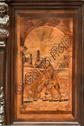 Tarsia lignea Battesimo di Gesù di Giovanni Francesco Zambelli, Duomo di Genova, interno abside coro lato nord