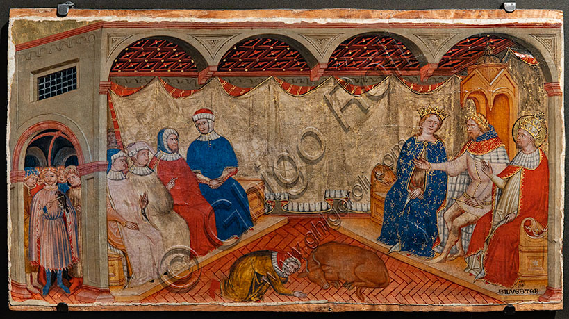 Dipinto arte sacra 'Disputa di San Silvestro' di Battista da Vicenza, tempera su tavola