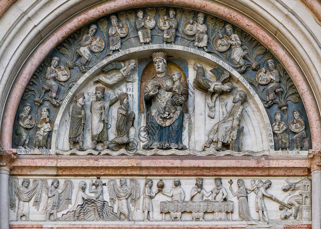 Bas-relief sculpture The Adoration of the Magi by Benedetto Antelami, Portal of Life Parma Baptistery
