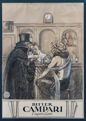 Opera d'arte 'Bitter Campari l'aperitivo' di Marcello Dudovich, pastello e china su carta, dettaglio grafico pubblicitario