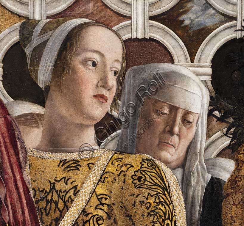 Dettaglio Camera degli Sposi Mantegna: Barbarina Gonzaga e Paola Malatesta nella scena della Corte, Palazzo Ducale di Mantova