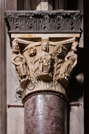 Detail of the sculptural capital Virgin with Infant Jesus and two Prophets, Master of Janus, nave of Genoa Cathedral