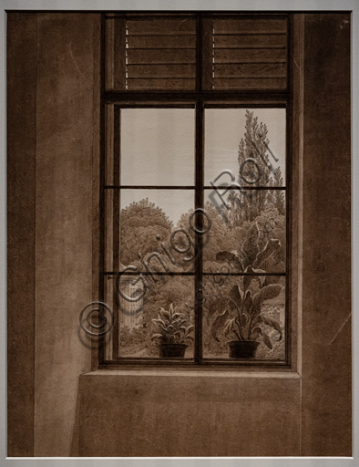 Disegno Finestra con vista su parco di Caspar David Friedrich, grafite e seppia su carta 1836-37