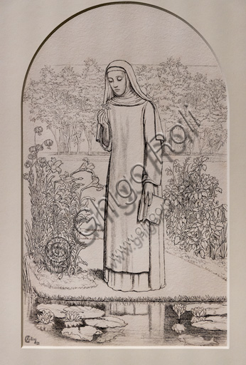 Dettaglio del dipinto a inchiostro 'Pensieri monacali' (1853) di Charles Allston Collins, raffigurante una suora in un chiostro.