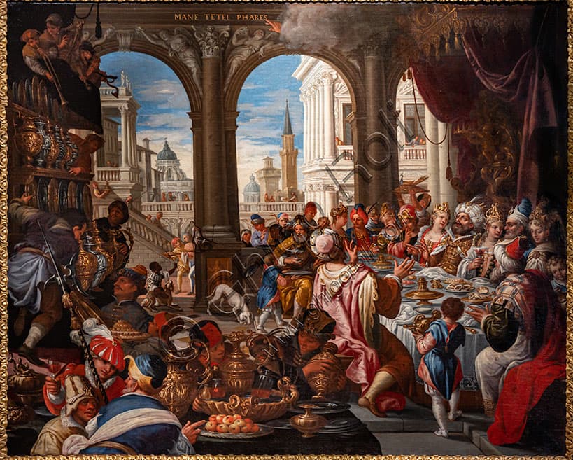 Dipinto Convito di Baldassarre, bottega di Paolo Veronese, olio su tela tardo Rinascimento