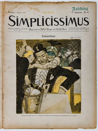 Illustrazione copertina rivista Simplicissimus n.45 di Marcello Dudovich, stampa tipografica satirica del 1913