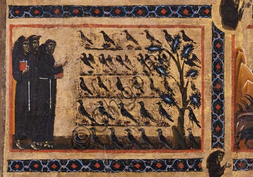 Particolare della Pala Bardi: San Francesco d'Assisi mentre predica agli uccelli, dipinto da Coppo di Marcovaldo, 1245-1250, Basilica di Santa Croce, Firenze.