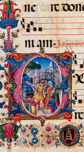 Dettaglio della miniatura 'Strage degli Innocenti' di Pellegrino di Mariano nel Corale 102.8, Libreria Piccolomini
