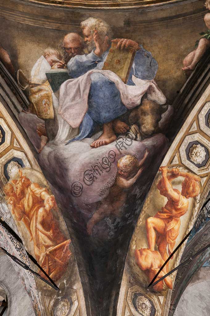 Detail of Correggio's fresco with Saints Matthew and Jerome, Ascension of Christ, dome Church of San Giovanni Evangelista Parma