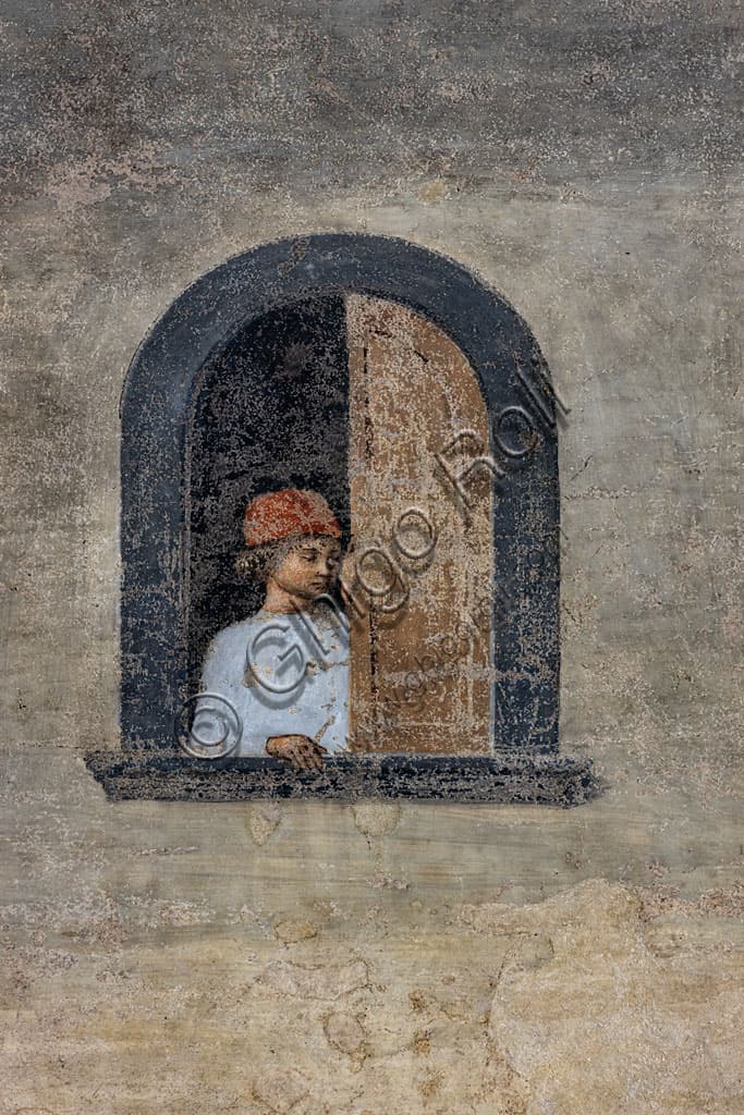 Particolare affresco Cosimo Rosselli Miracolo del Sacramento: uomo alla finestra, Firenze Rinascimento