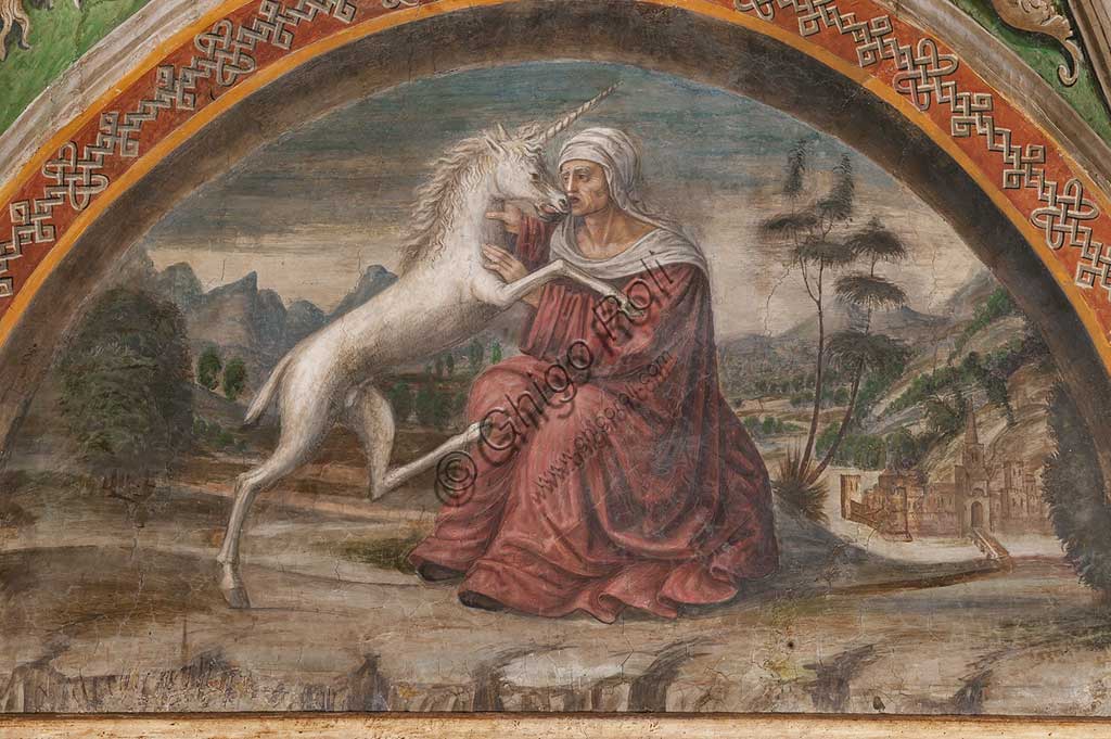 Detail of A Lady with Unicorn fresco by Alessandro Araldi in the Chamber of the Former Monastery of St. Paul, Parma
