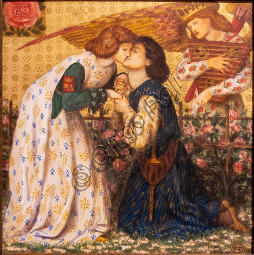 Roman de la Rose acquerello di Dante Gabriel Rossetti 1864 donna con fiore preraffaellita