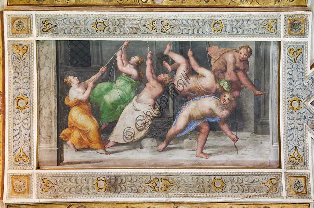 Dettaglio affresco La Danza Pirrica, soffitto Sala dei Giochi, Castello Estense Ferrara
