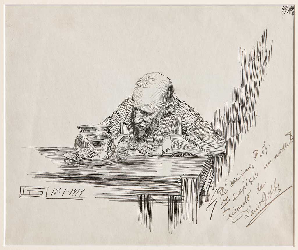 Disegno a inchiostro su carta di Dario Gobbi Uomo seduto al tavolo in meditazione 1919