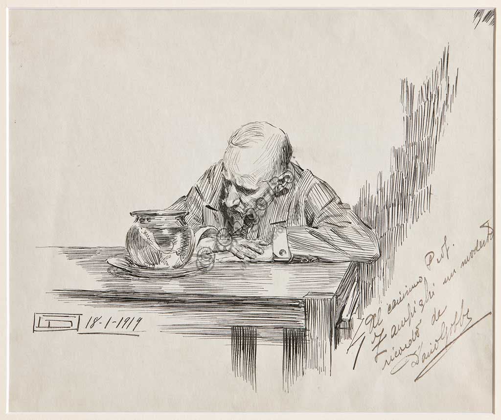 Disegno a inchiostro su carta di Dario Gobbi Uomo seduto al tavolo in meditazione 1919