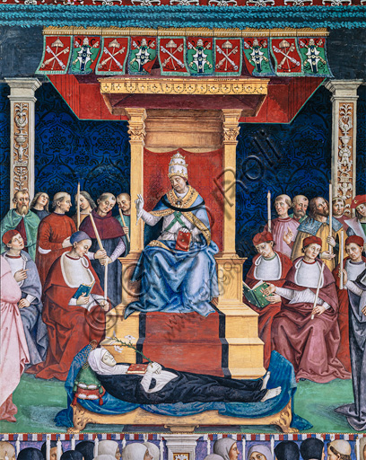 Dettaglio degli abbigliamenti rinascimentali nell'affresco di Pinturicchio sulla canonizzazione di Santa Caterina da Siena