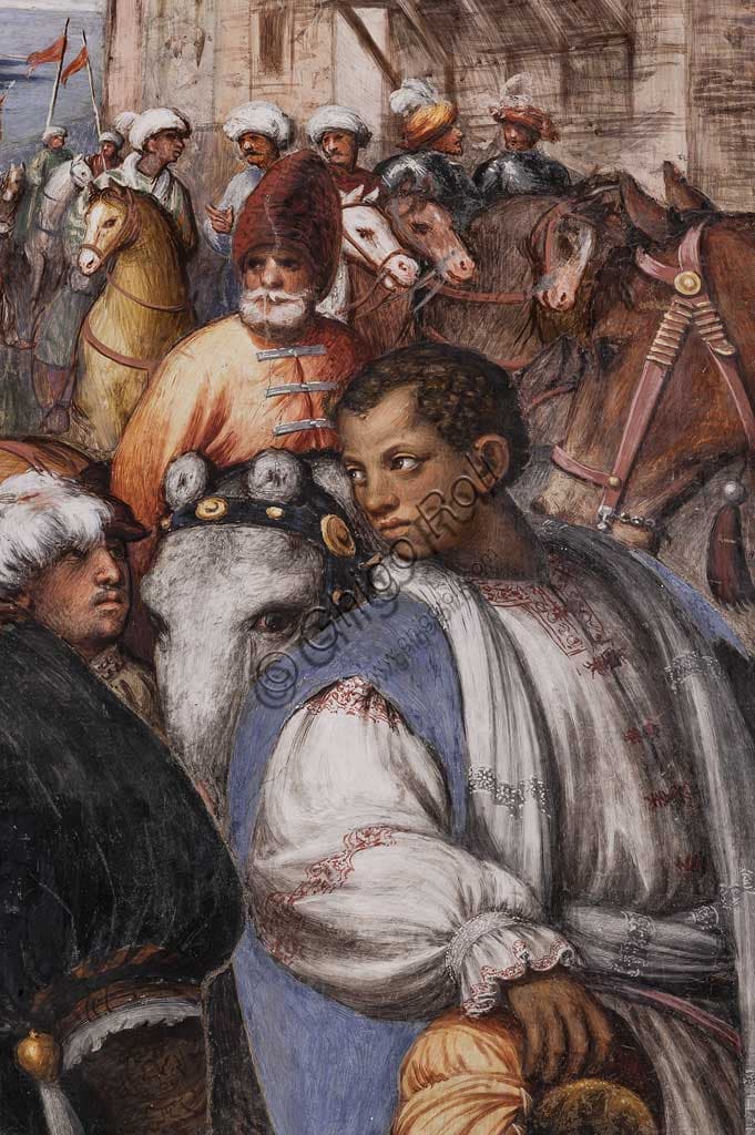 Dettaglio dell'affresco Adorazione dei Magi di Giovanni Antonio de Sacchis, detto il Pordenone, nel Santuario della Madonna di Campagna a Piacenza, arte rinascimentale