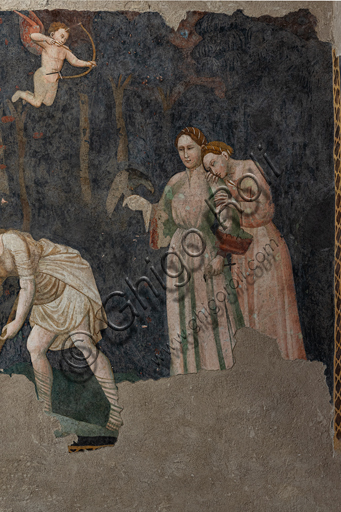 Dettaglio affreschi cavallereschi con dama e amorino, Camera Pinta, Castello Rocca Albornoz di Spoleto, arte medievale italiana