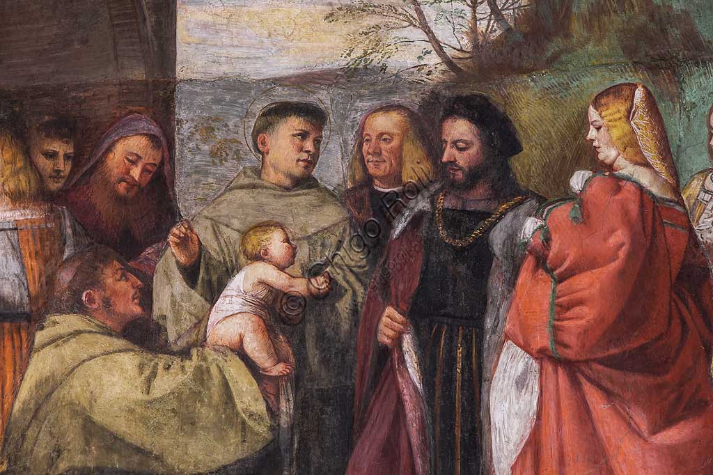 Dettaglio affresco Il neonato proclama l'innocenza della madre di Tiziano Vecellio, 1511, Scuola del Santo Padova