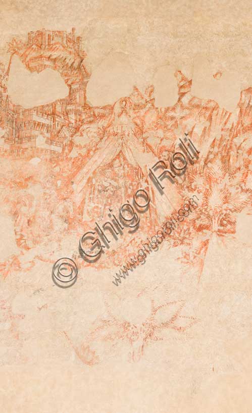 Dettaglio affresco Pisanello Torneo Louvezerp, tenda e due uomini, Palazzo Ducale Mantova