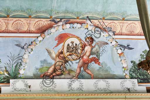 Dettaglio affresco con uccelli, putti e stemma reale con aquila, Sala degli Uccelli, Palazzo dei Normanni, Palermo