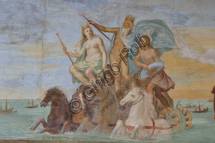 Dettaglio affresco allegorie Toscana e Livorno, Fasti Medicei Volterrano, Villa Medicea La Petraia Firenze