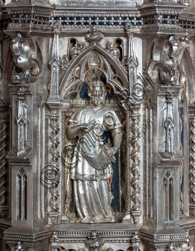Close-up saint prophet statue holding parchment silver altar Opera del Duomo Museum Florence