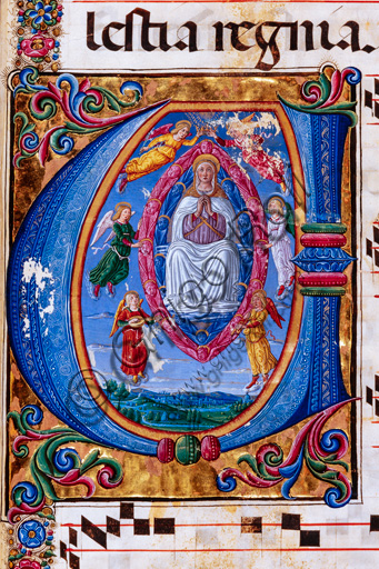 Dettaglio miniatura Assunzione della Vergine, corale 15.Q Libreria Piccolomini Duomo Siena, opera Cozzarelli e Cignoni