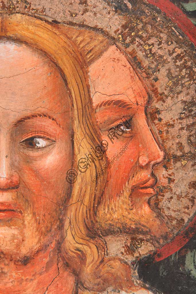 Dettaglio di due volti dell'affresco Trinità trifronte e Albero della Vita, Maestro di Vignola, Rocca di Vignola