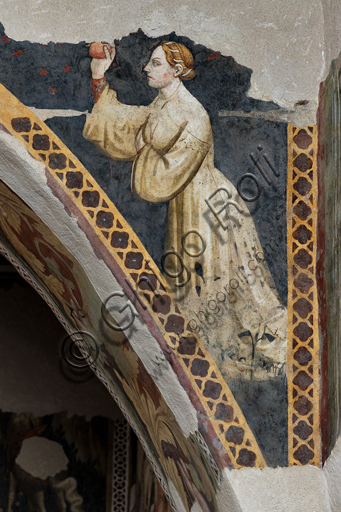 Dettaglio affresco Camera Pinta Spoleto: figura femminile in abito cortese gioca a palla, Rocca Albornoz
