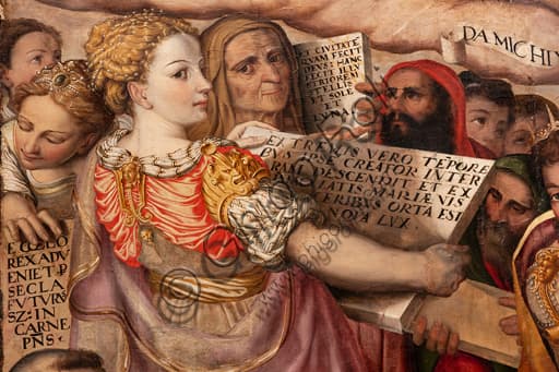 Detail of the painting Dispute on the Immaculate Conception by Valerio Aretino depicting a young woman, National Gallery of Umbria