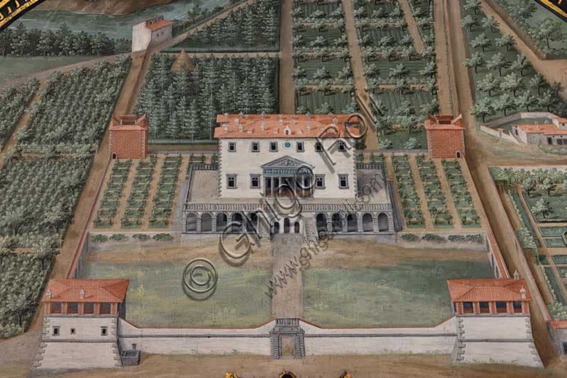 Dettaglio della lunetta di Poggio a Caiano di Giusto Utens con la Villa Medicea, 1599-1602