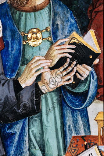 Dettaglio mani ambasciatore con libro, affresco Dieta di Mantova di Pinturicchio, Libreria Piccolomini Duomo Siena