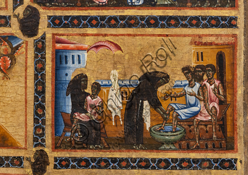 Dettaglio pittorico Pala Bardi - San Francesco tiene in braccio e lava i piedi ai lebbrosi, Basilica di Santa Croce Firenze