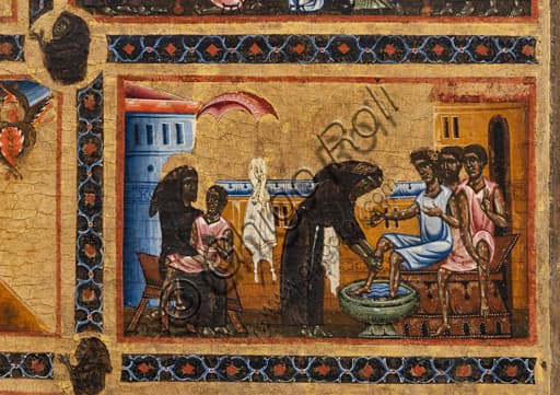 Dettaglio pittorico Pala Bardi - San Francesco tiene in braccio e lava i piedi ai lebbrosi, Basilica di Santa Croce Firenze