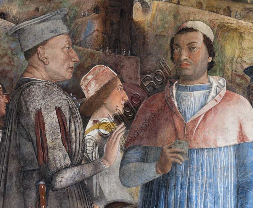 Dettaglio parte destra affresco L'Incontro, Camera degli Sposi di Andrea Mantegna, Palazzo Ducale Mantova