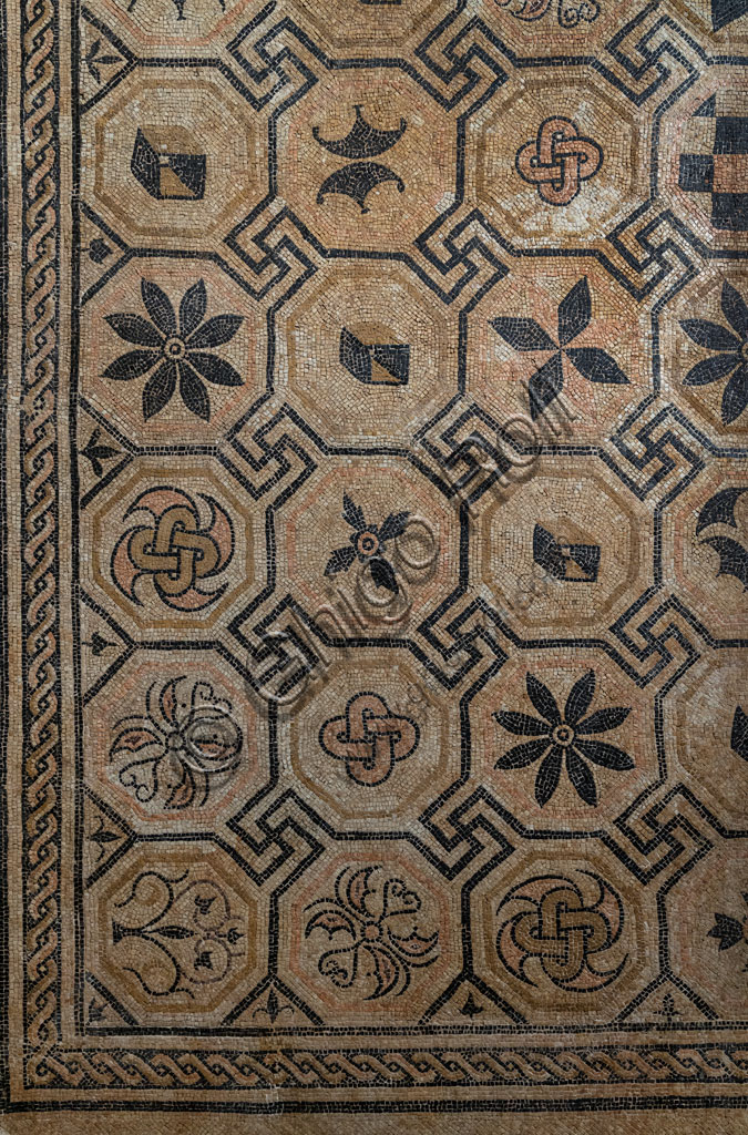 Dettaglio pavimento mosaico romano con pannello figurato centrale, Scavi San Rocchino, Museo Santa Giulia Brescia