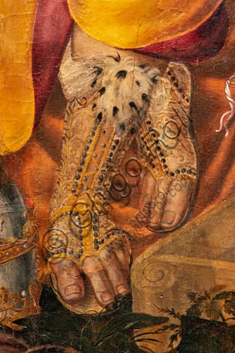 Detail showing feet and luxurious leggings in 'Dispute on the Immaculate Conception' by Valerio Aretino, National Gallery of Umbria, Perugia, Italy.