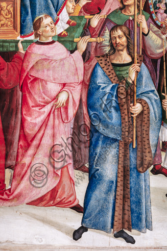 Dettaglio affresco Pinturicchio con cardinale sediario e gentiluomo che regge il baldacchino di Papa Pio II, Duomo di Siena