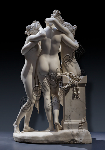Dettaglio posteriore della scultura in marmo Le Tre Grazie di Antonio Canova, opera d'arte neoclassica