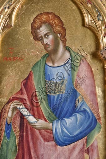 Dettaglio del dipinto di Paolo Veneziano con San Filippo, polittico del 1358, arte gotica veneziana