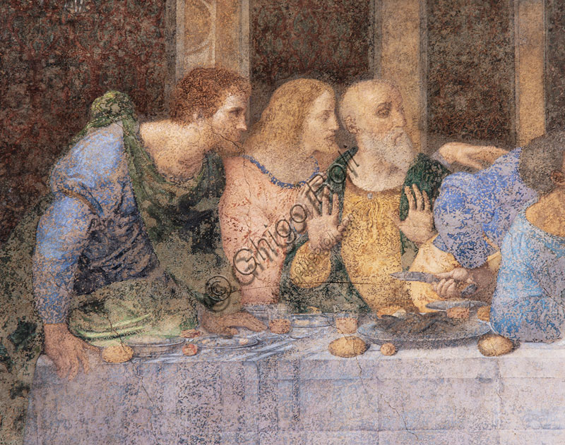 Dettaglio sinistro Ultima Cena Leonardo da Vinci: figure di Bartolomeo, Andrea e Giacomo. Affresco, 1495-1497.