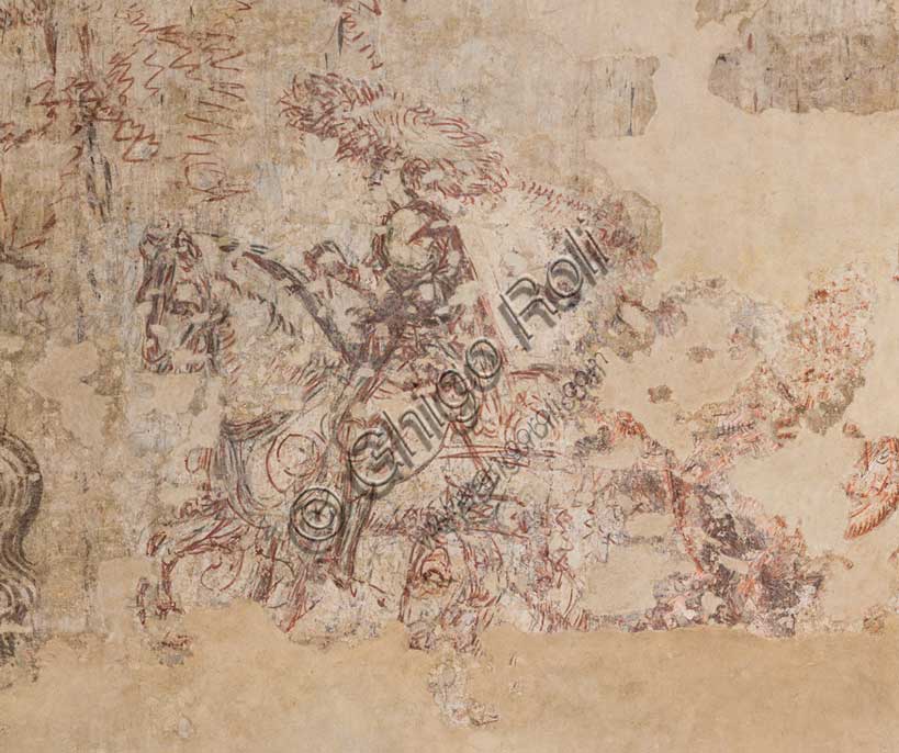 Dettaglio sinopia Pisanello, cavaliere con copricapo a grandi tese nel Torneo di Louvezerp, Palazzo Ducale Mantova