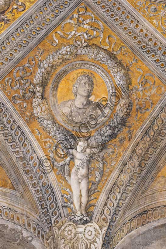 Dettaglio della volta della Camera degli Sposi di Mantegna a Mantova: losanga dorata con ritratto di Claudio sorretto da putto