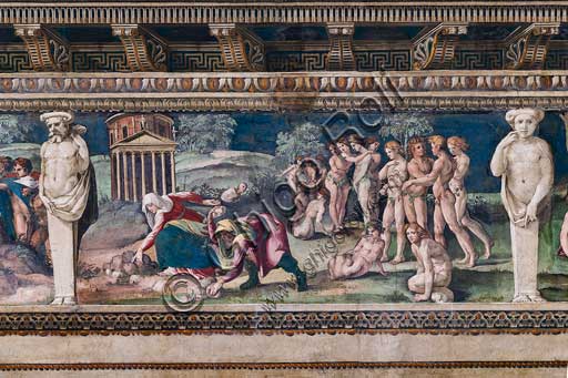 Particolare affresco Peruzzi con Deucalione e Pirra che gettano pietre, Sala delle Prospettive, Villa Farnesina Roma