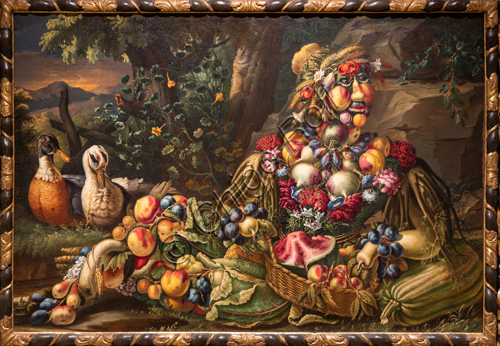 Dipinto Estate di Antonio Rasio, olio su tela ispirato ad Arcimboldo, Pinacoteca Tosio Martinengo Brescia