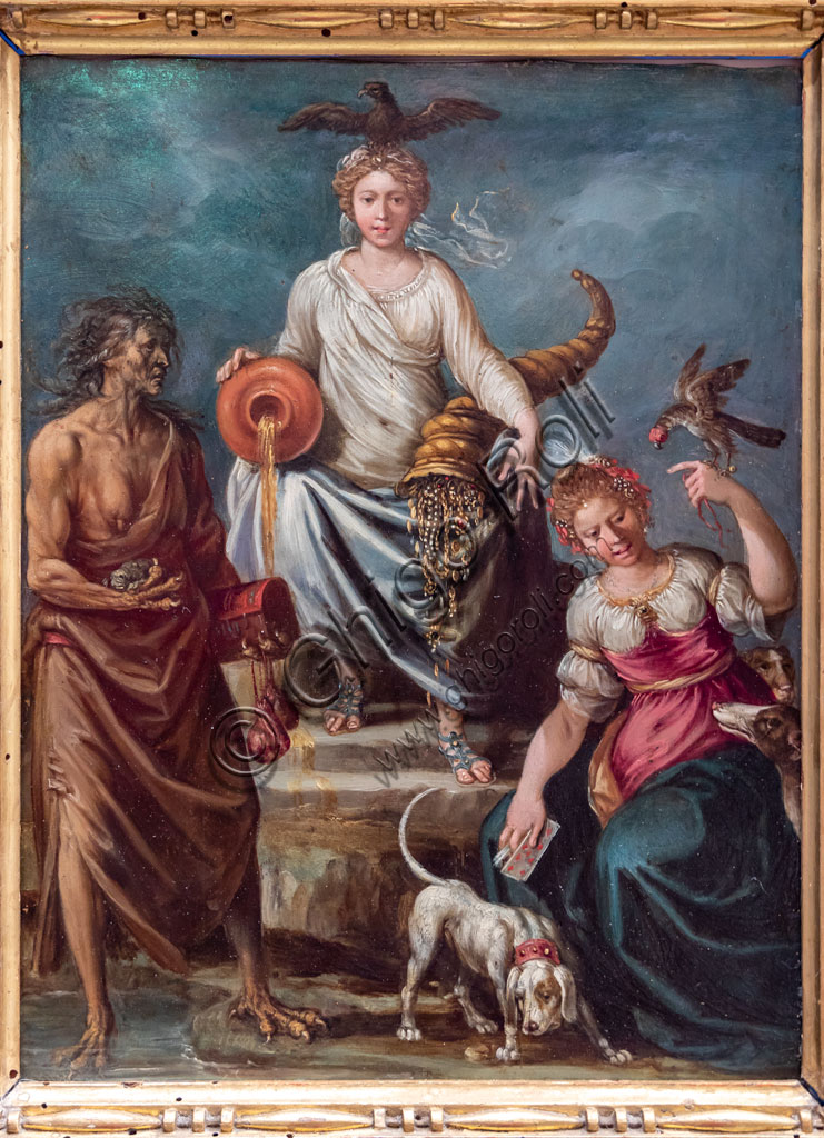 Dipinto barocco 'Liberalità, Avarizia e Ozio' di ambito del Cavalier d'Arpino, olio su rame, Pinacoteca Tosio Martinengo, Brescia